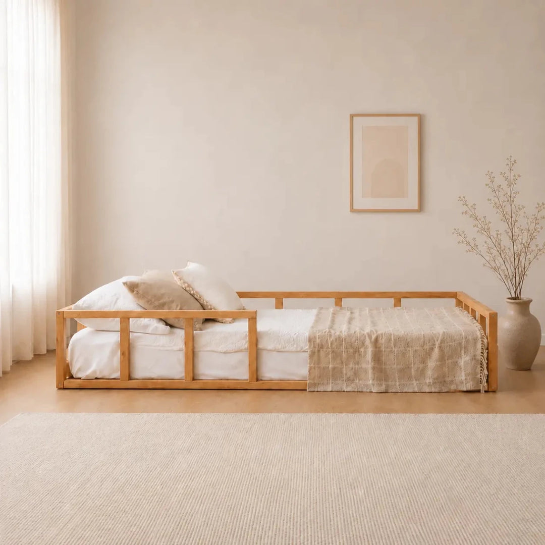 Single Montessori Floor Bed with Guard Rails – Wooden Bed for Toddlers & Kids