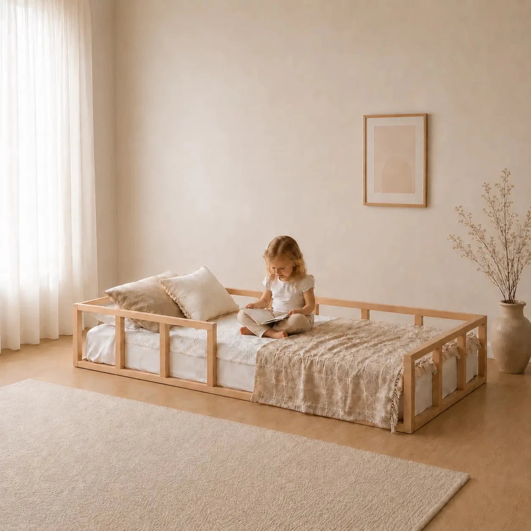 Single Montessori Floor Bed with Guard Rails – Wooden Bed for Toddlers & Kids