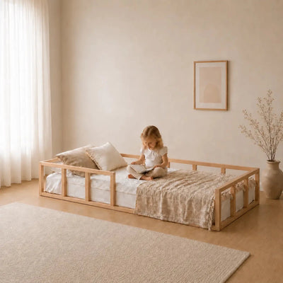 Single Montessori Floor Bed with Guard Rails – Wooden Bed for Toddlers & Kids