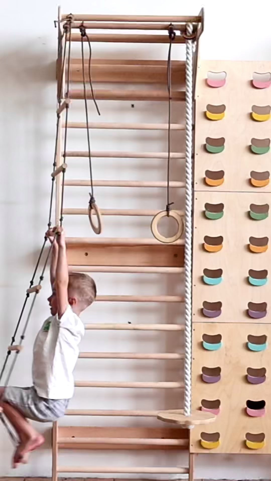 7-in-1 Indoor Climbing Frame for Kids: Wall Bars, Rock Wall, Net, Pull-Up Bar, 3-in-1 Swing Set