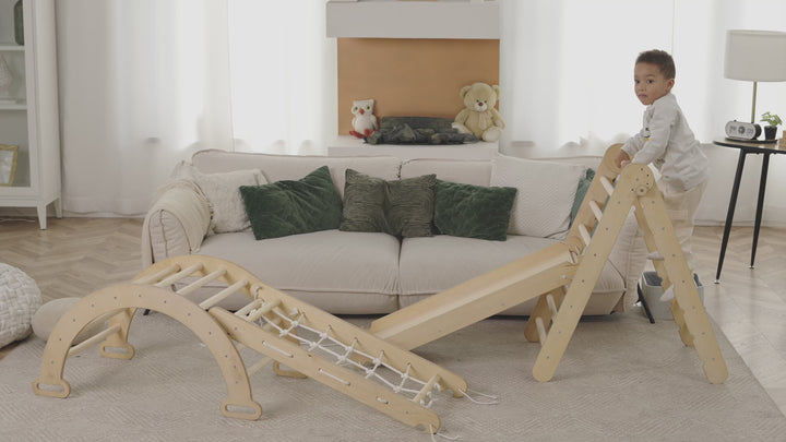 4in1 Montessori Climbing Frame: Pikler Triangle + Climbing Arch + Slide Board + Net – Beige