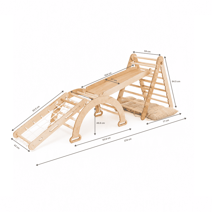5in1 Montessori Climbing Frame: Pikler Triangle + Arch/Rocker + Slide Board/Ramp + Netting rope + Cushion