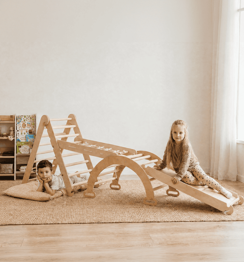 5in1 Montessori Climbing Frame: Pikler Triangle + Arch/Rocker + Slide Board/Ramp + Netting rope + Cushion