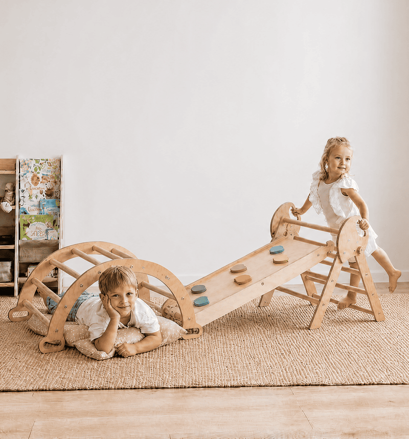 4in1 Montessori Climbing Frame: Pikler Triangle + Arch + Slide Board + Cushion for Toddlers (1–3 Years)