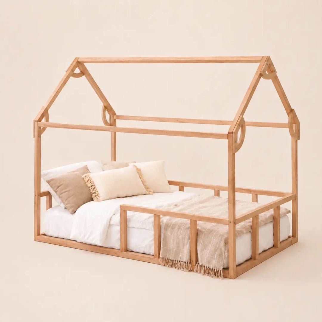 Single Montessori House Bed – Solid Wood Floor Bed with Guard Rails