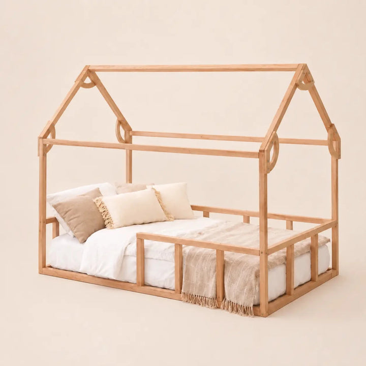 Single Montessori House Bed – Solid Wood Floor Bed with Guard Rails