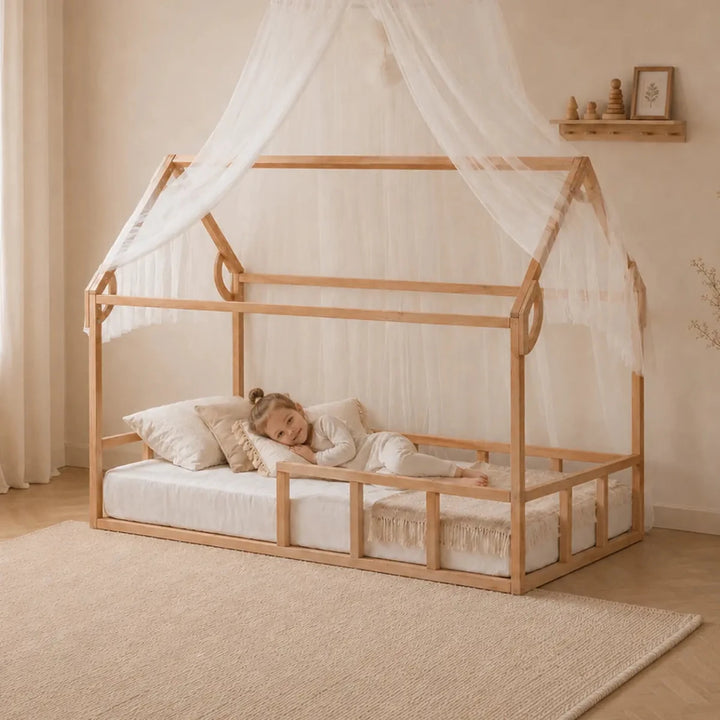 Single Montessori House Bed – Solid Wood Floor Bed with Guard Rails
