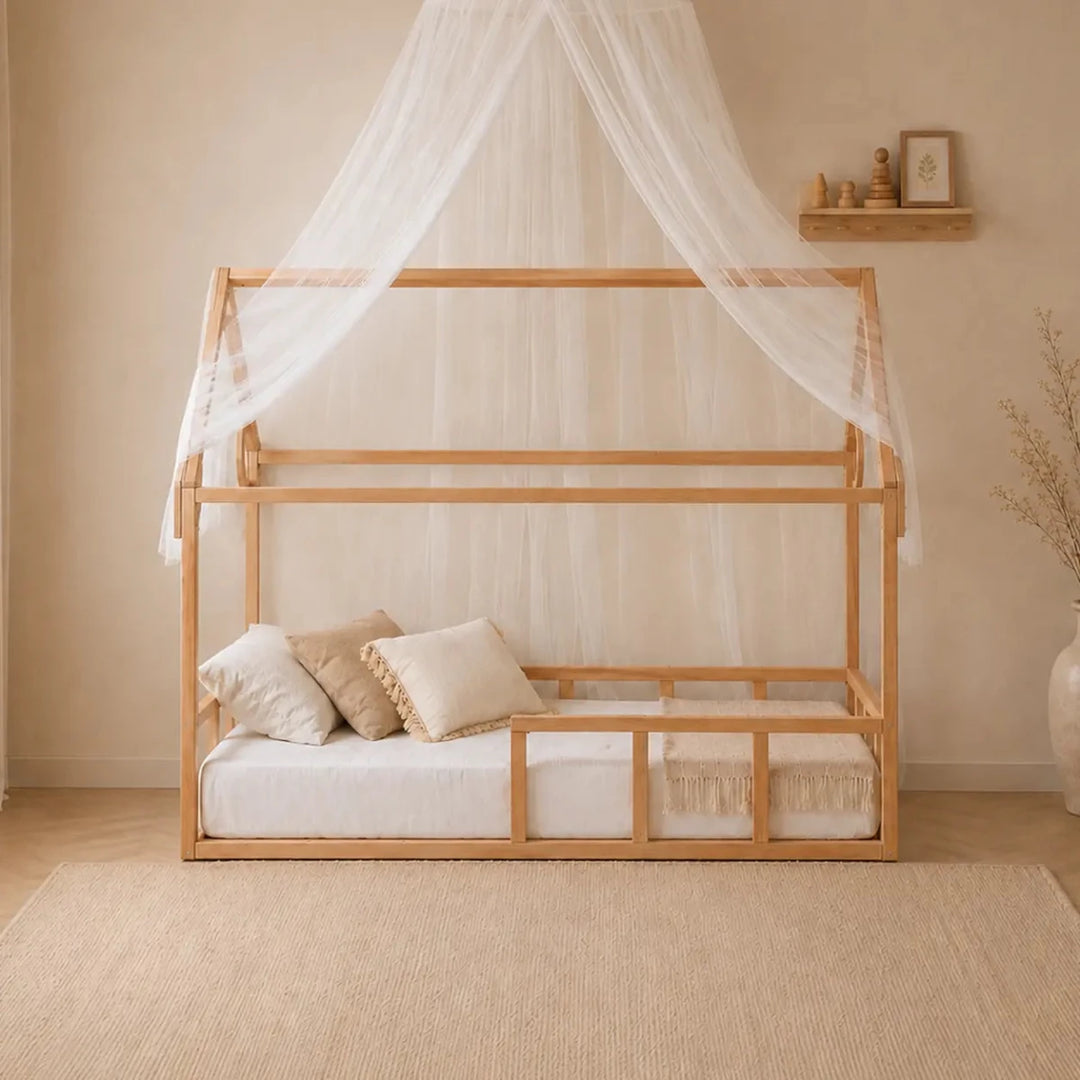 Single Montessori House Bed – Solid Wood Floor Bed with Guard Rails
