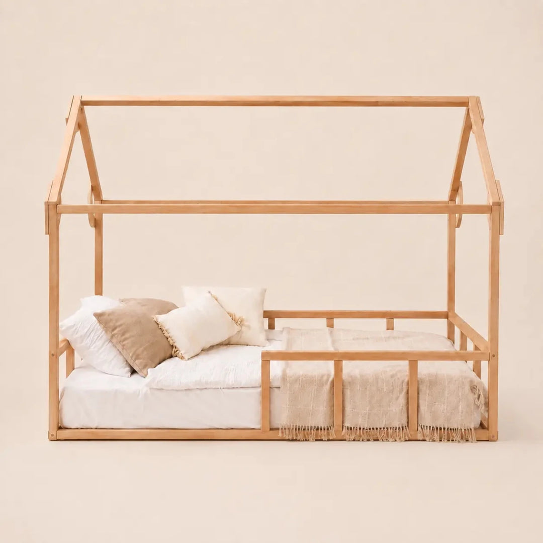 Single Montessori House Bed – Solid Wood Floor Bed with Guard Rails