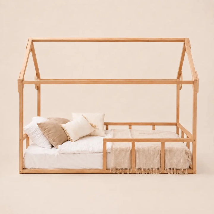 Single Montessori House Bed – Solid Wood Floor Bed with Guard Rails